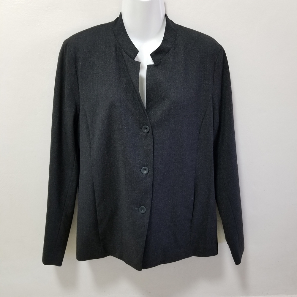 Eileen Fisher Women Jacket Blazer Stretch Melange Wool Gray Dark Mandarin Neck M